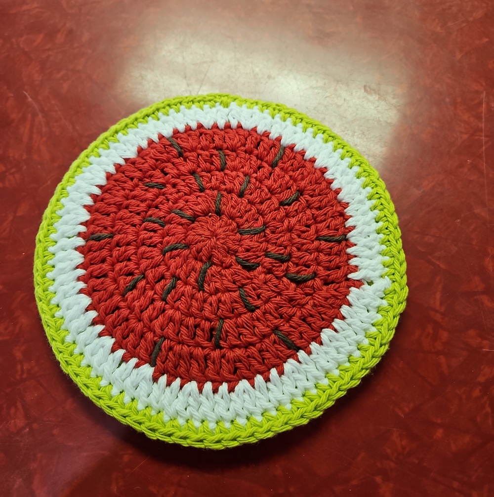 Hand-Crocheted Watermelon 7 1/2" Hot Pad- Red White Lime